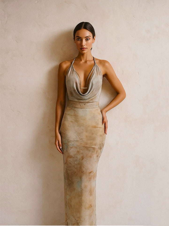 Túnica Boho Tie Dye Halter sin espalda Midi Mujeres Vestidos