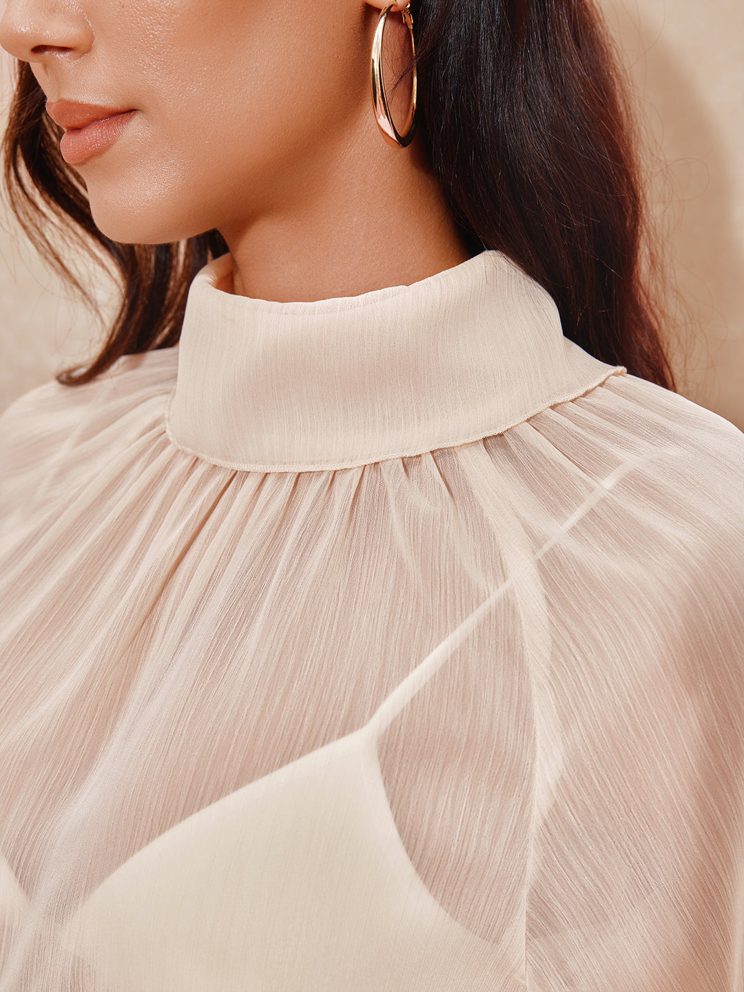 Chiffon Boho Plain Layered Ruffle High Neck Long Sleeve Blouse