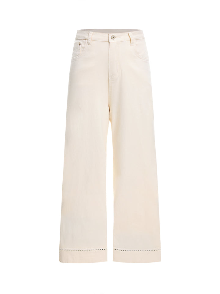 Jeans de pierna ancha de bordado de costura de contraste.