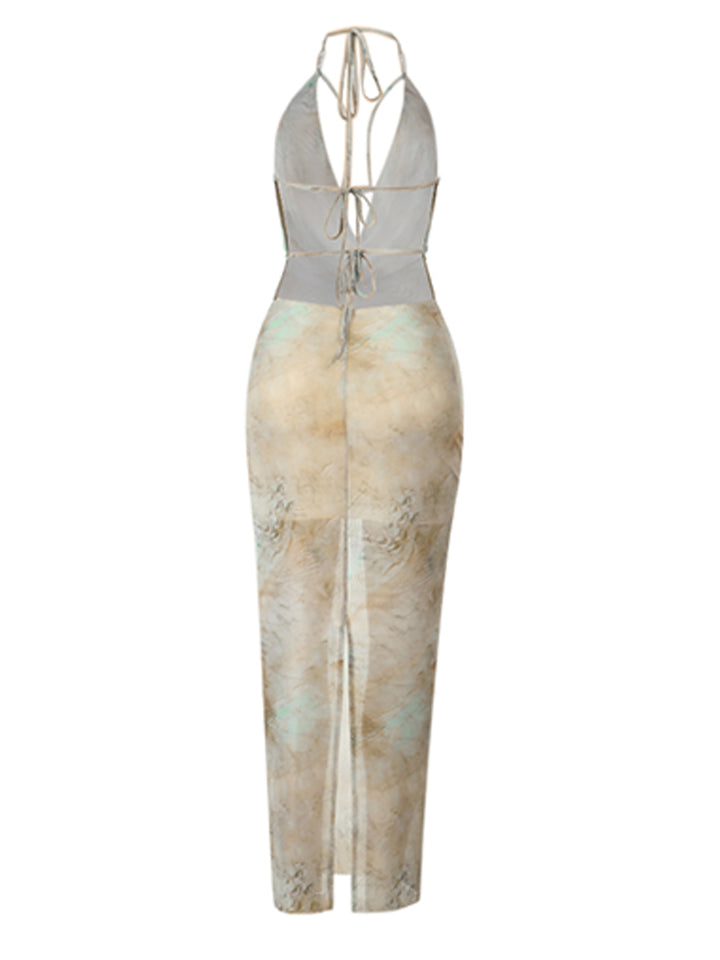 Túnica Boho Tie Dye Halter sin espalda Midi Mujeres Vestidos