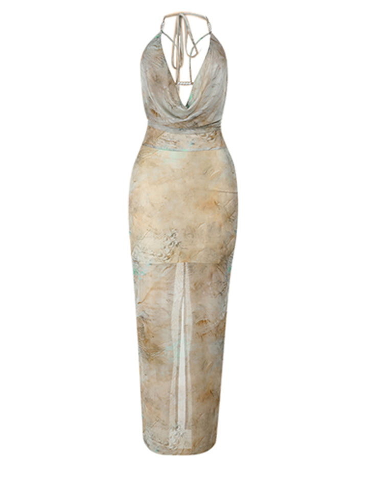 Túnica Boho Tie Dye Halter sin espalda Midi Mujeres Vestidos