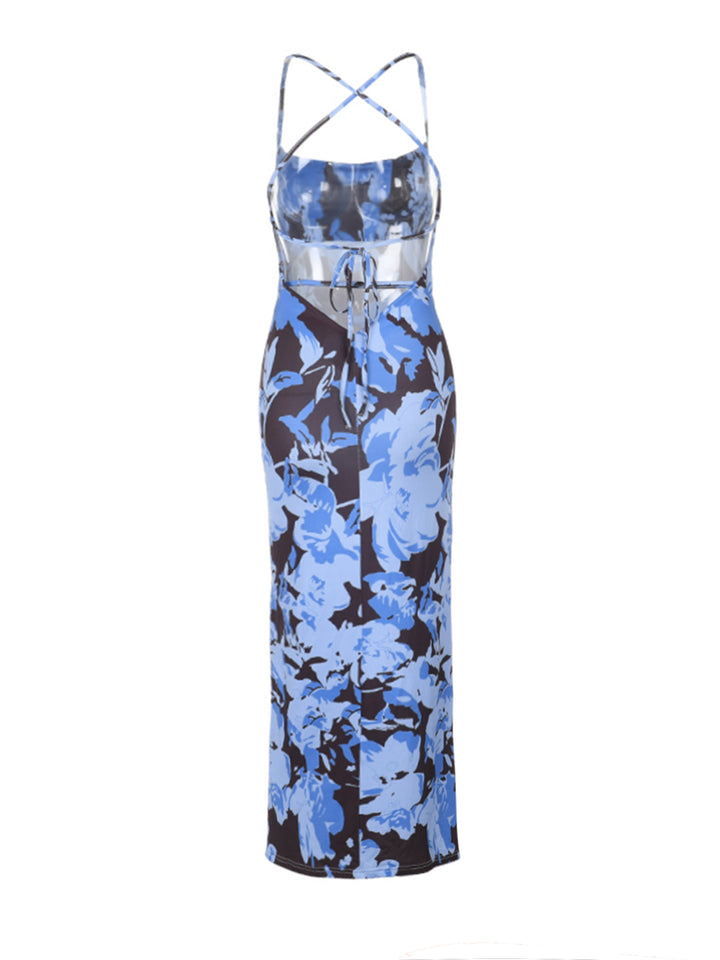 Mermaid Boho Floral Backless Draped V neck Maxi Women Dress