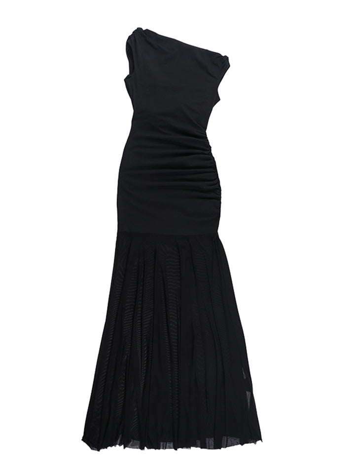 Tunic Elegant Backless Ruched Asymmetrical Neck Maxi Women Dress