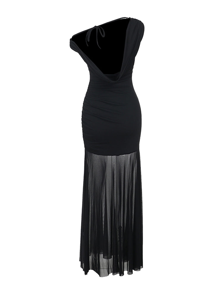 Tunic Elegant Backless Ruched Asymmetrical Neck Maxi Women Dress