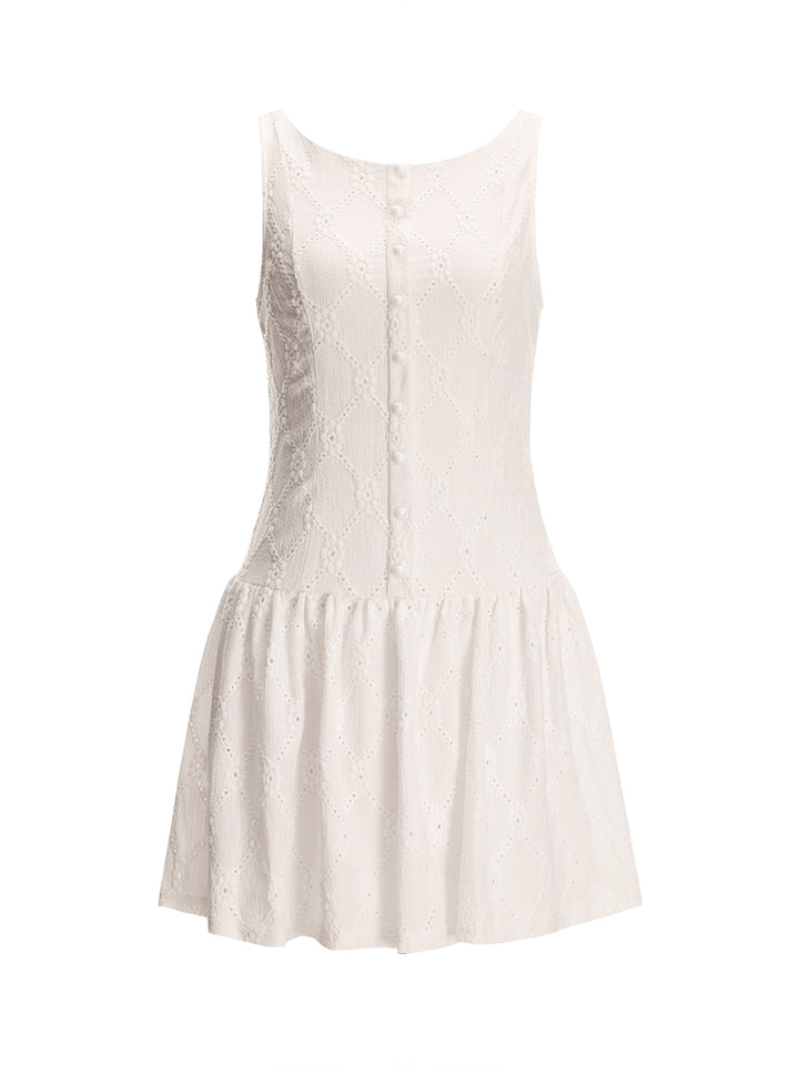 A Line Casual Button Ruched Ruffle Round Neck Mini Women Dress