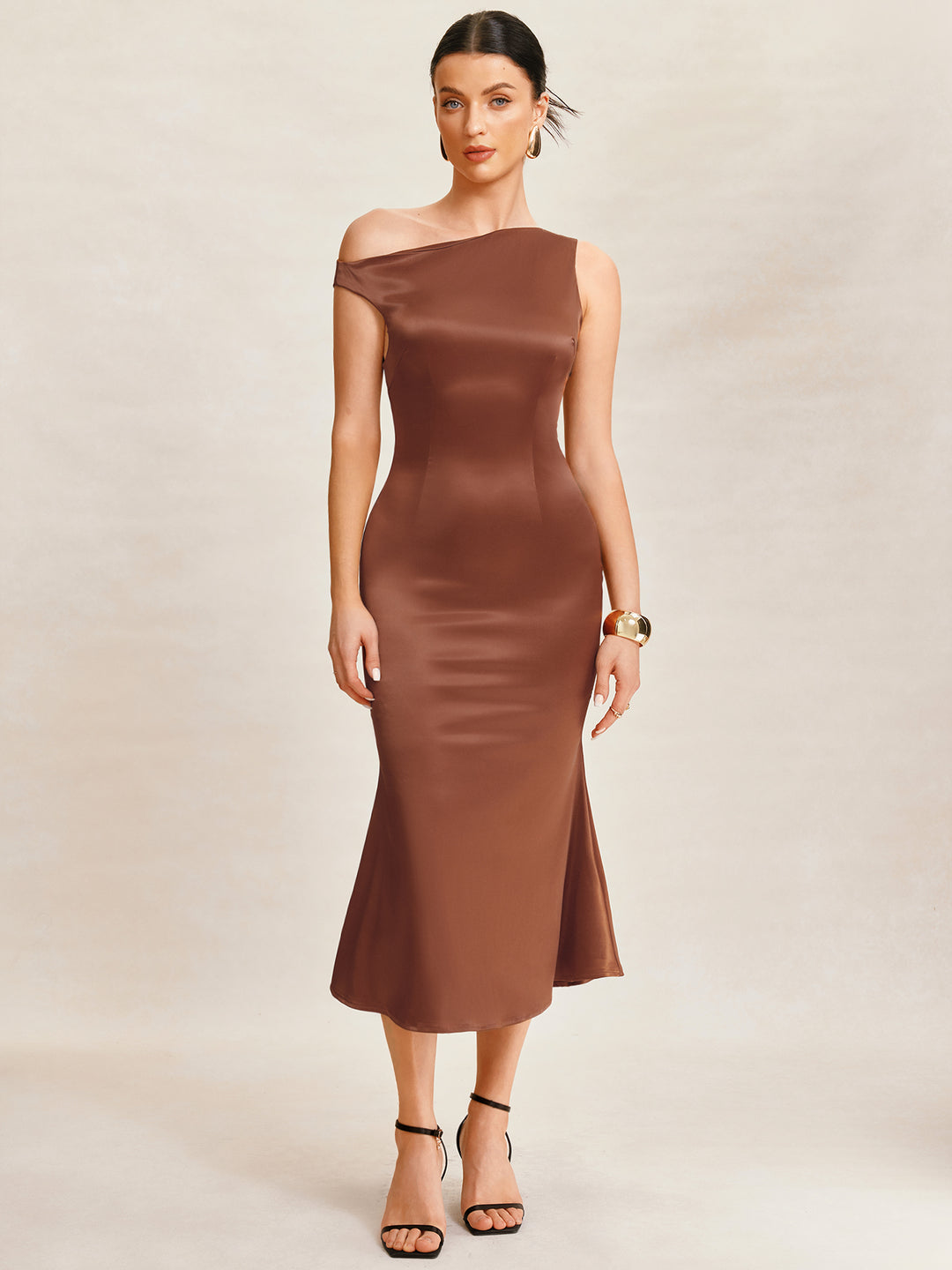 Mermaid elegant asymmetrische Hals Midi Frauen Kleid