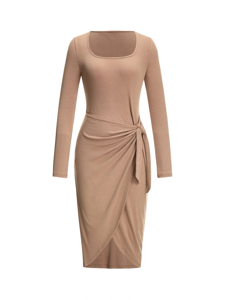Vestido midi de manga larga de manga larga de manga larga con cuello liso informal