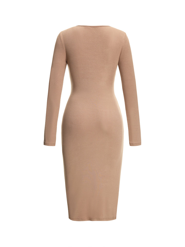 Vestido midi de manga larga de manga larga de manga larga con cuello liso informal