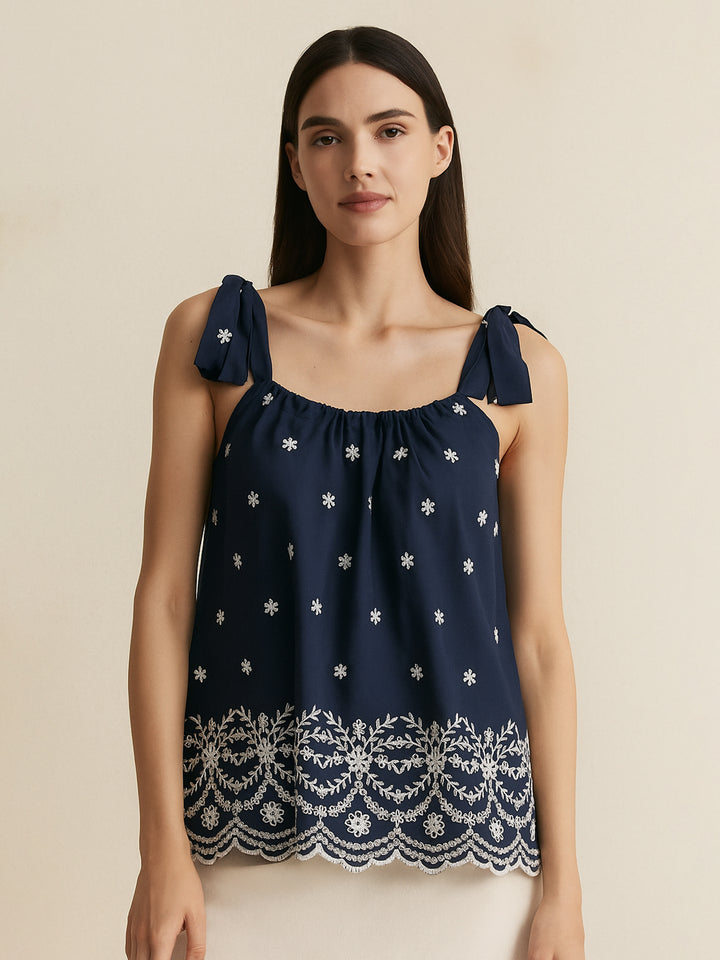 Boho Ditsy Floral Tied Round Neck Women Tank Tops & Camis