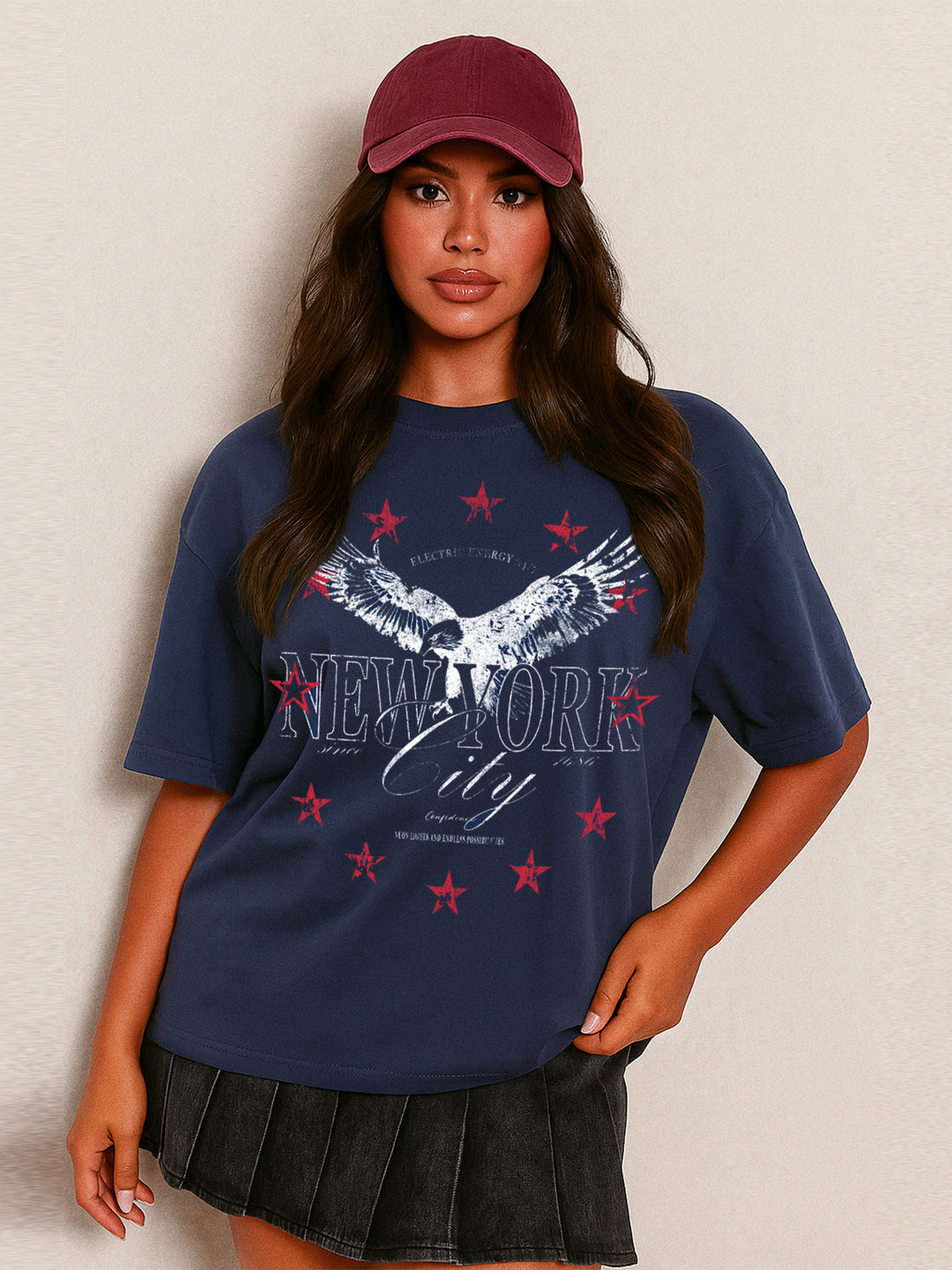 Casual Las Vegas 23/ Eagle/ New York 98/ Los Angeles 1987 Slogan gedruckt runden Hals kurzärärmische Baumwolle übergroße Marine T -Shirt