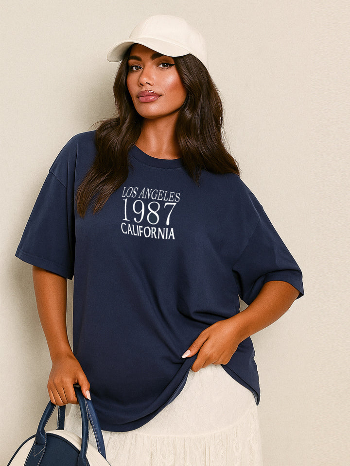 Casual Las Vegas 23/ Eagle/ New York 98/ Los Angeles 1987 Slogan gedruckt runden Hals kurzärärmische Baumwolle übergroße Marine T -Shirt