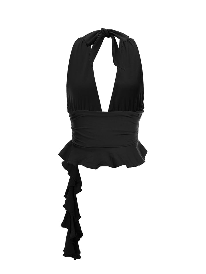 Flared Party Draped Ruffle Plunge Neck Crop Women Top