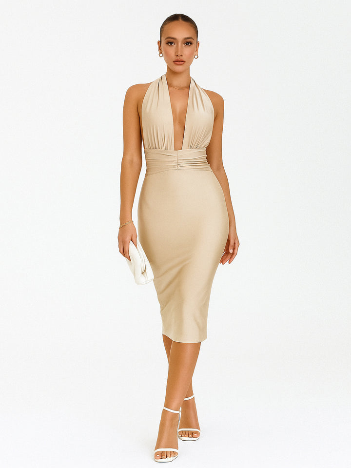 Straight Party Backless Ruched Tied Plunge Neck Midi Women Dress